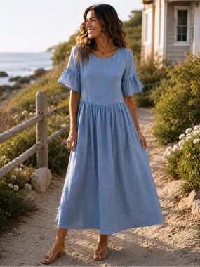 A Dip of Darling Blue Rayon Midi Dress XS Bell Sleeve Cottagecore Boho